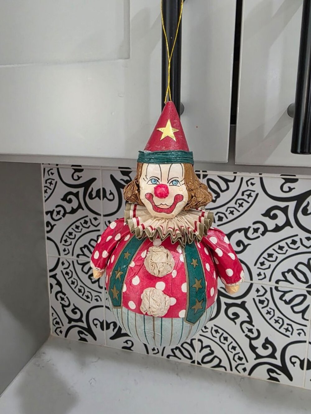 Vintage Paper Mache Circus Clown Christmas Ornament Hand Painted Hanging